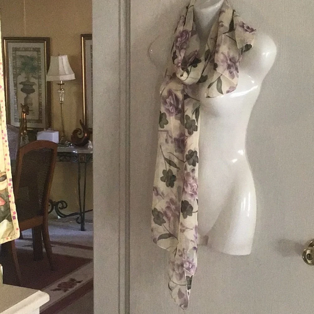 Scarf floral sheer light purple cream and green. Versatile light weight